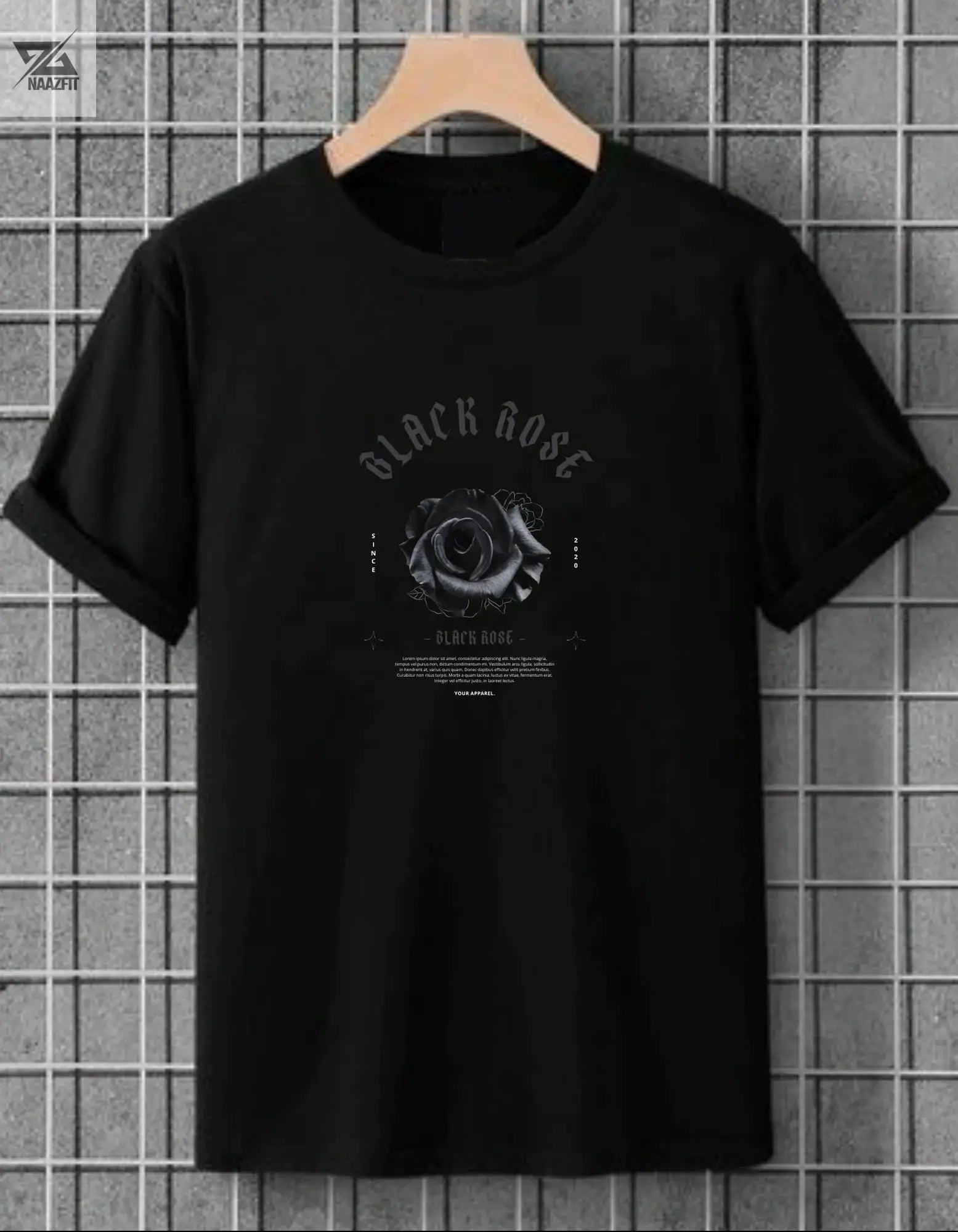 Black T-Shirt with "Black Rose" Gothic Design - Naazfit - NAAZFIT
