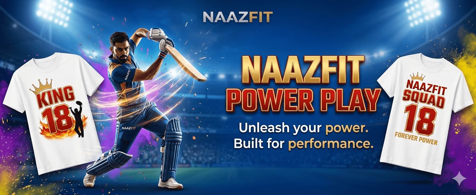 Promotional banner for NAAZFIT featuring a cricket player and branded t-shirts.