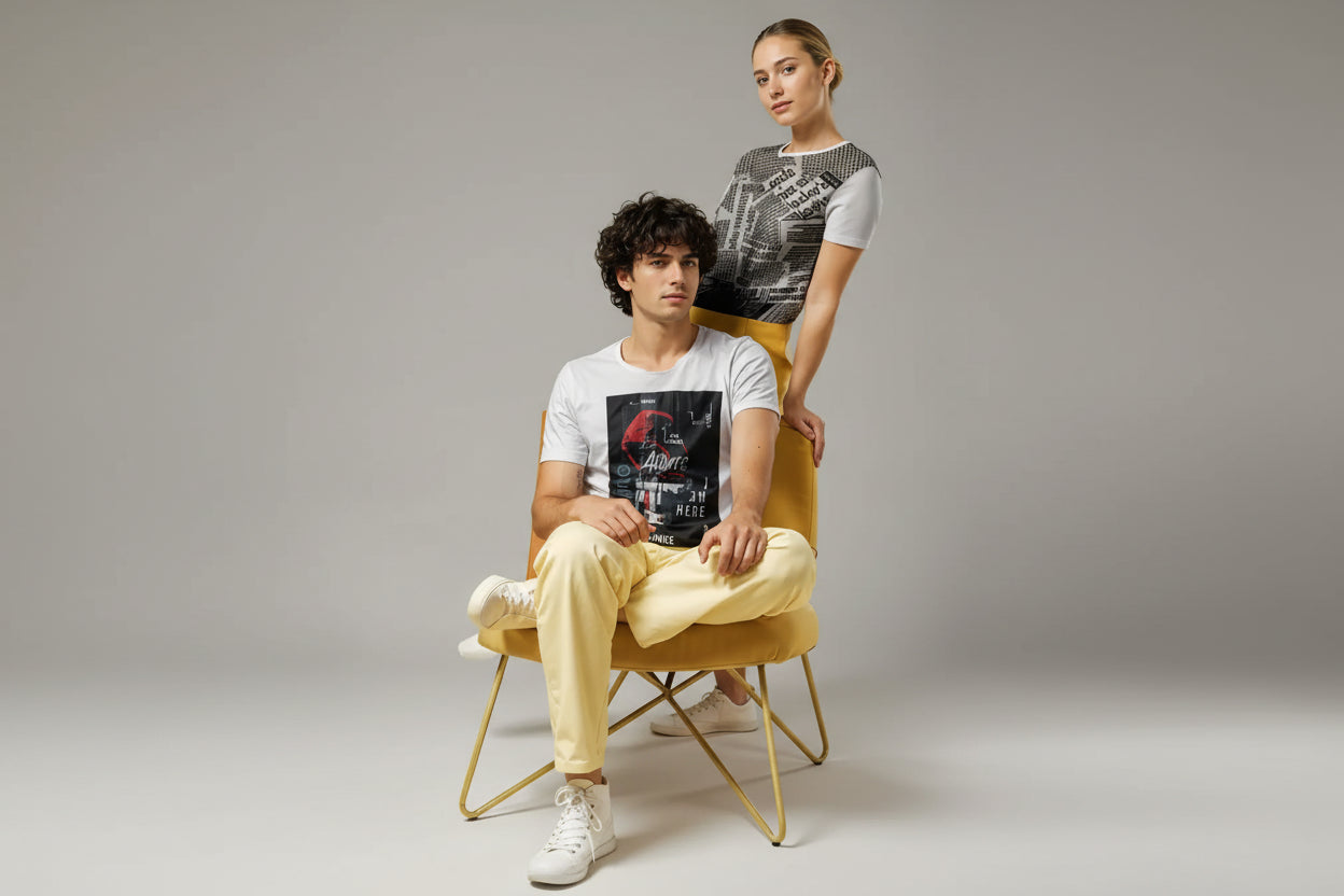 Two people wearing graphic t-shirts on a yellow background