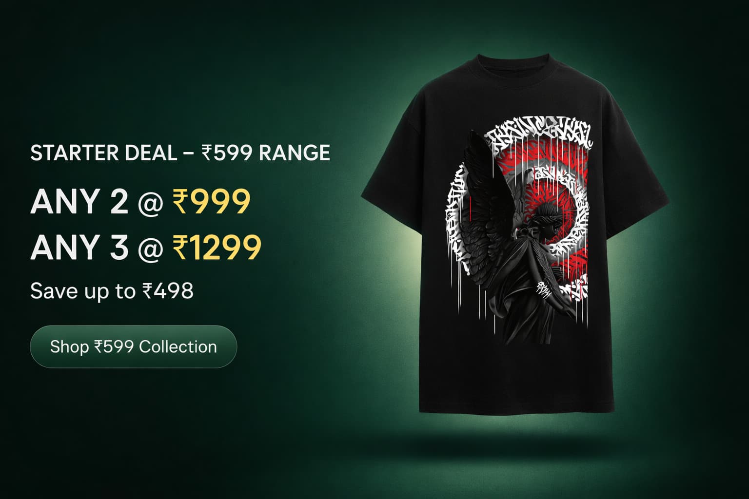 Black t-shirt with graphic design on a dark green background with promotional text.