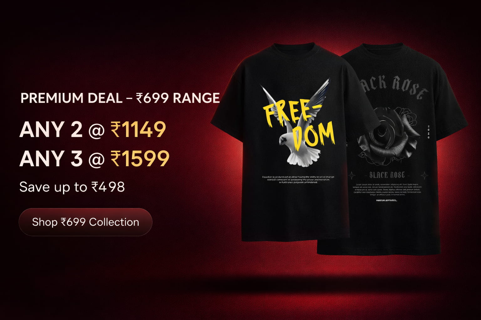 Two black t-shirts with graphic designs on a dark background, featuring promotional text.